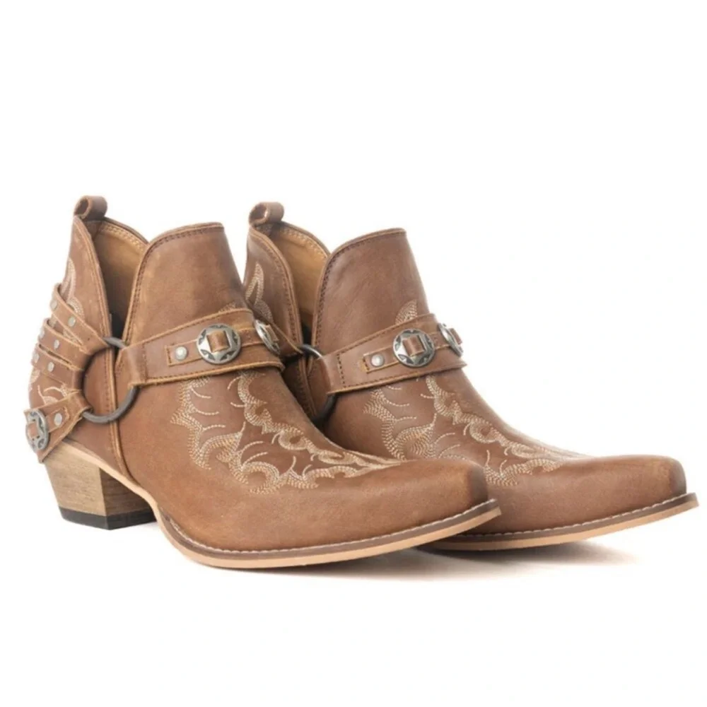 MYRA BAG Western Ember Leather Embroidered Brown Booties NWT - Picture 3 of 3